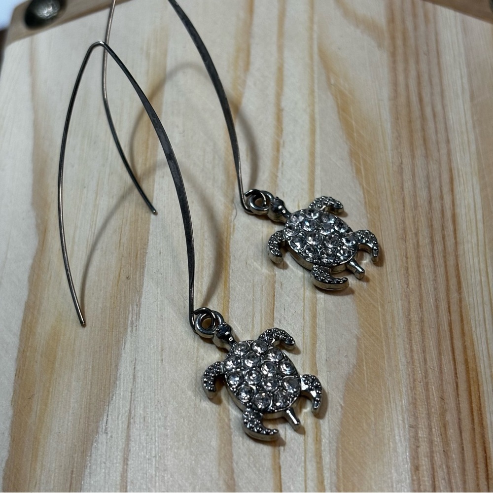 Crystal turtle drop earrings silver tone